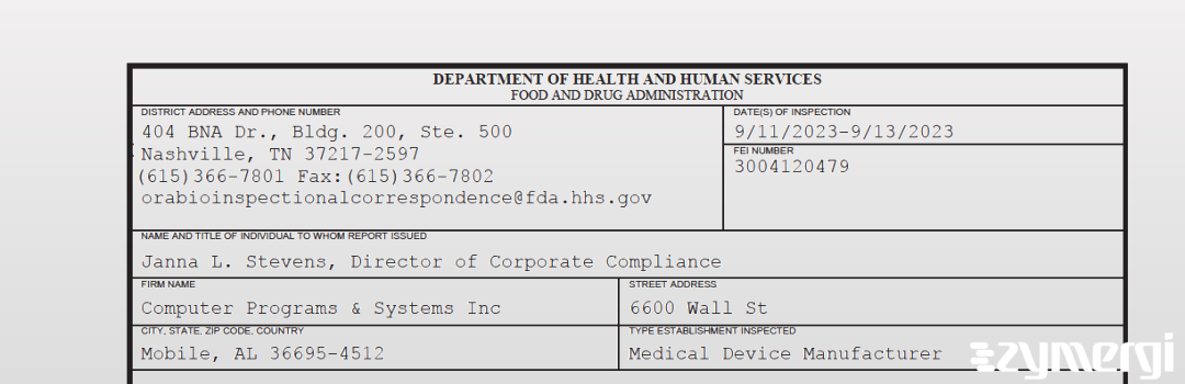 FDANews 483 Computer Programs & Systems Inc Sep 13 2023 top