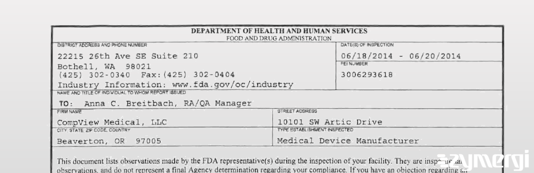 FDAzilla 483 CompView Medical, LLC Jun 20 2014 top