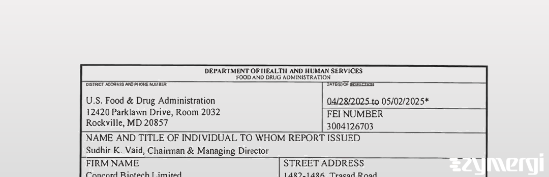 FDANews 483 CONCORD BIOTECH LIMITED May 2 2025 top