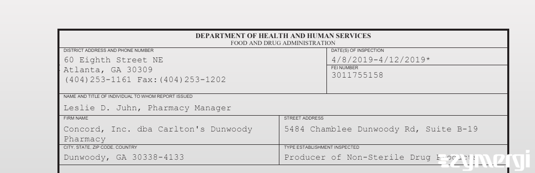 FDANews 483 Concord, Inc. dba Carlton's Dunwoody Pharmacy Apr 12 2019 top