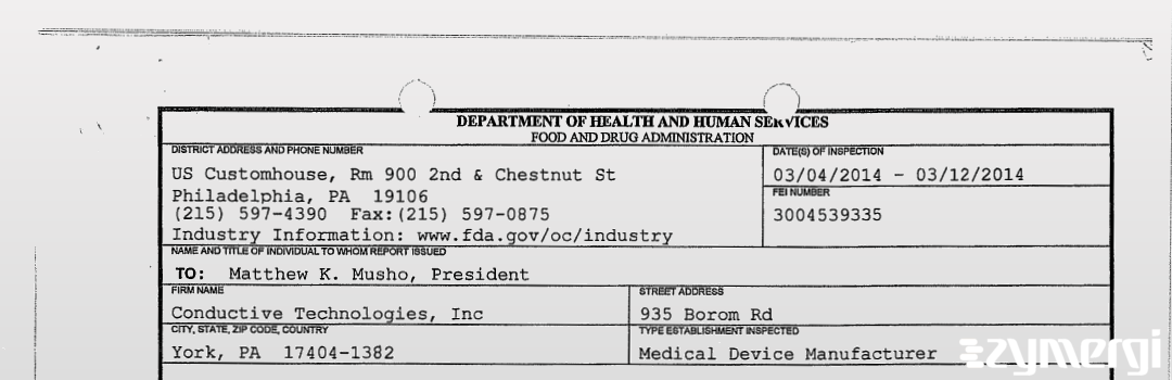 FDANews 483 Conductive Technologies, Inc Mar 12 2014 top