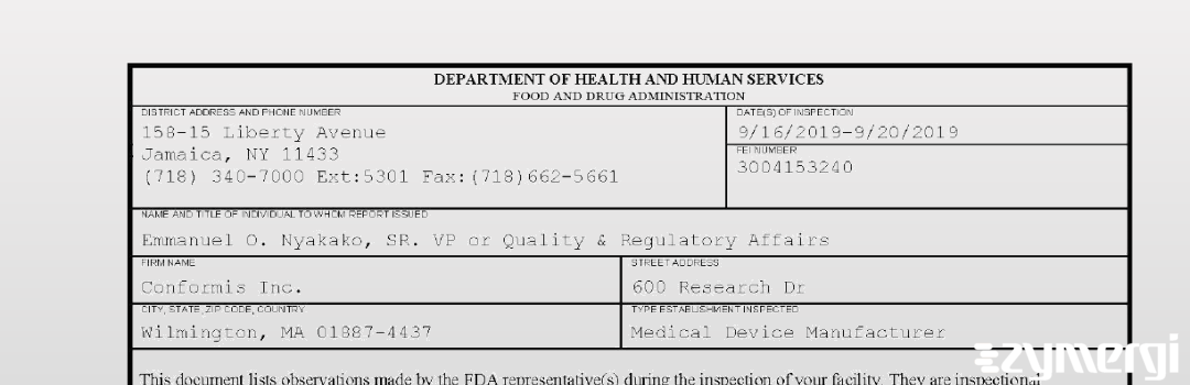 FDANews 483 Conformis Inc. Sep 20 2019 top