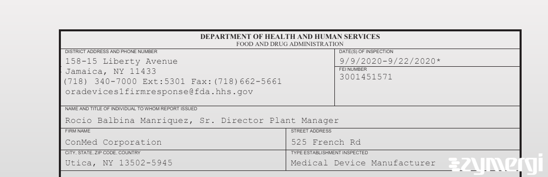 FDANews 483 ConMed Corporation Sep 22 2020 top