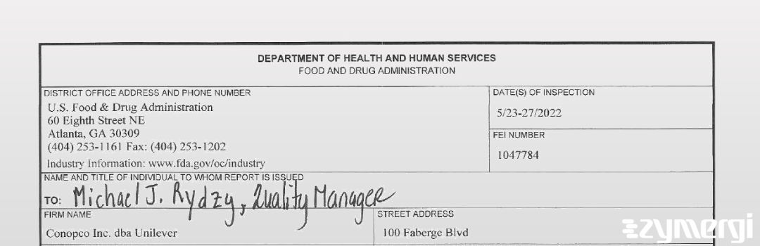 FDANews 483 Conopco Inc. d/b/a Unilever May 27 2022 top