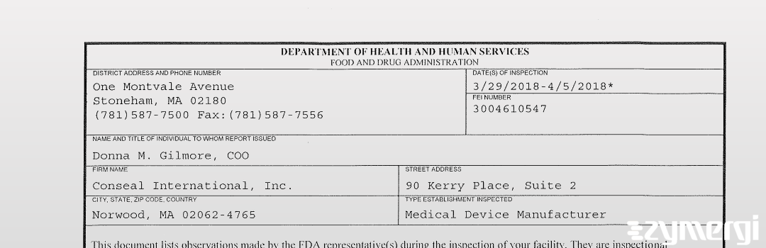 FDANews 483 Conseal International, Inc. Apr 5 2018 top