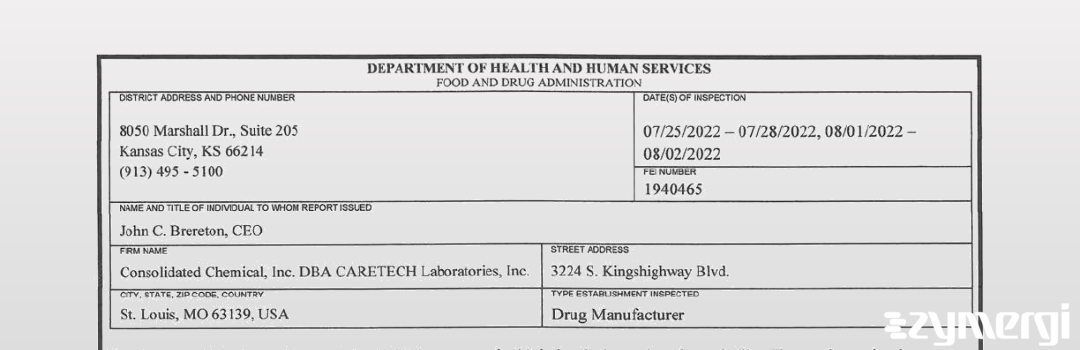 FDANews 483 Consolidated Chemical, Inc Aug 2 2022 top