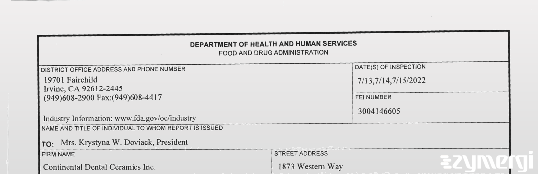 FDANews 483 Continental Dental Ceramics Inc dba Continental Dental Labs. Jul 15 2022 top