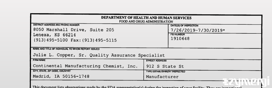 FDANews 483 Continental Manufacturing Chemist, Inc. Jul 30 2019 top