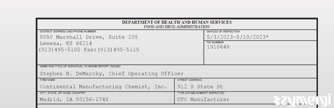 FDANews 483 Continental Manufacturing Chemist, Inc. May 10 2023 top