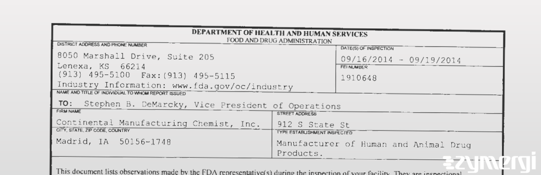 FDANews 483 Continental Manufacturing Chemist, Inc. Sep 19 2014 top