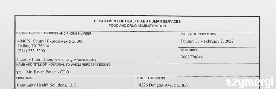 FDANews 483 Continuity Health Solutions, LLC Feb 2 2022 top