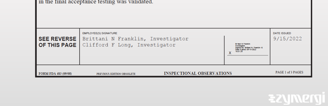 Clifford F. Long FDA Investigator Brittani N. Franklin FDA Investigator 