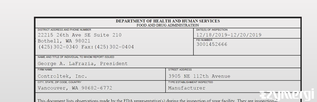 FDANews 483 Controltek, Inc. Dec 20 2019 top