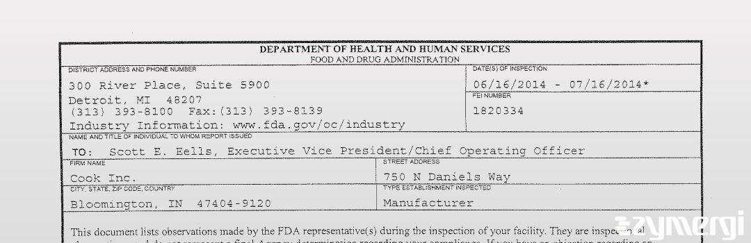 FDANews 483 Cook Inc Jul 16 2014 top