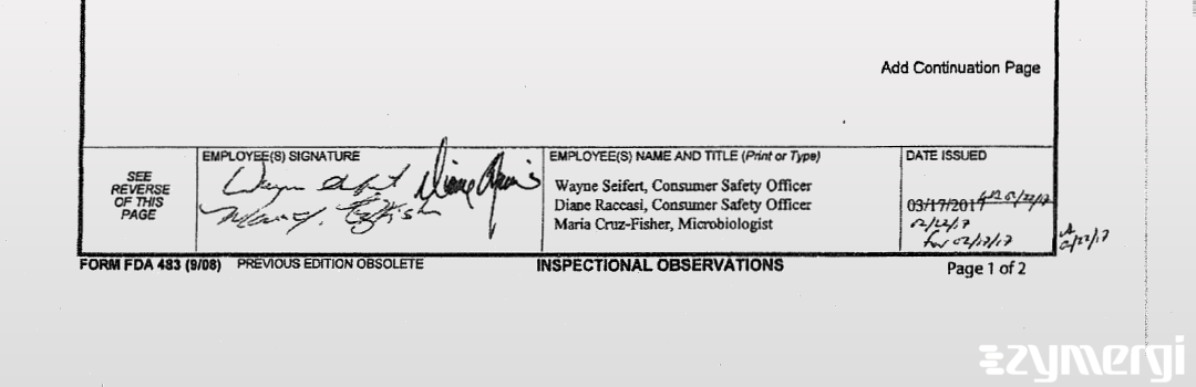 Wayne E. Seifert FDA Investigator Diane L. Raccasi FDA Investigator Maria I. Cruz-Fisher FDA Investigator 