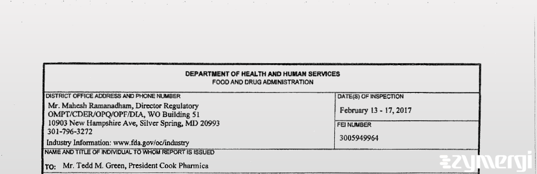 FDANews 483 Cook Pharmica, LLC Feb 17 2017 top