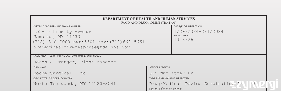 FDANews 483 CooperSurgical, Inc. Feb 1 2024 top