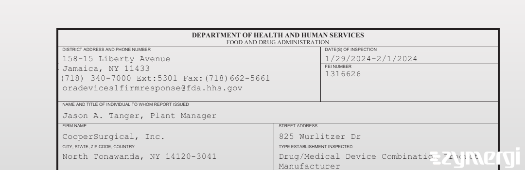 FDANews 483 CooperSurgical, Inc. Feb 1 2024 top