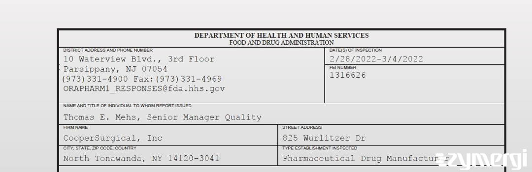 FDANews 483 CooperSurgical, Inc. Mar 4 2022 top