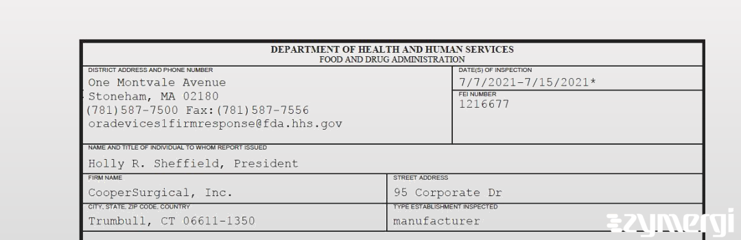 FDANews 483 CooperSurgical, Inc. Jul 15 2021 top