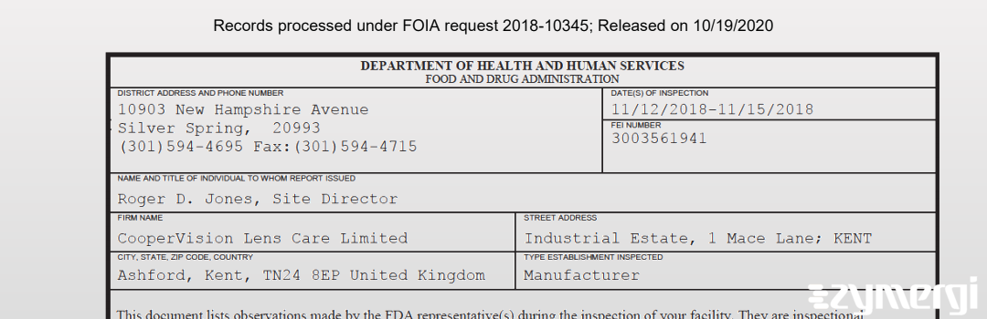 FDANews 483 CooperVision Lens Care Limited Nov 15 2018 top