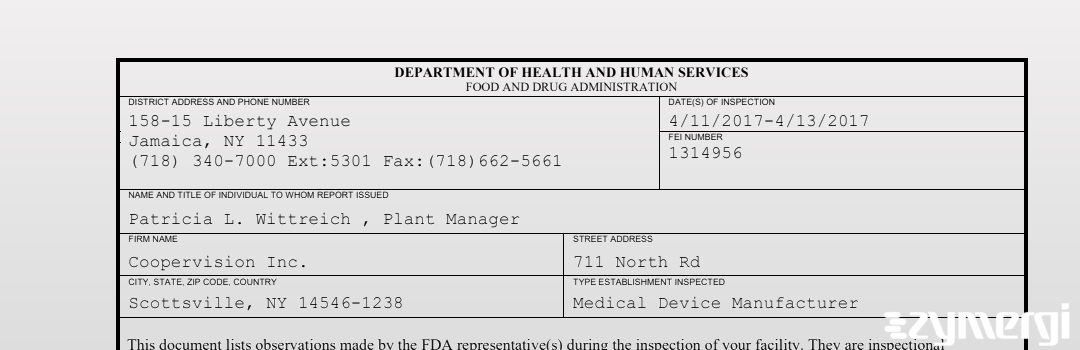 FDANews 483 CooperVision, Inc. Apr 13 2017 top