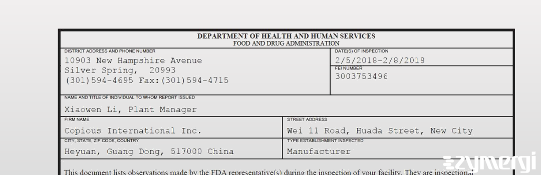 FDANews 483 Copious International, Inc. Feb 8 2018 top