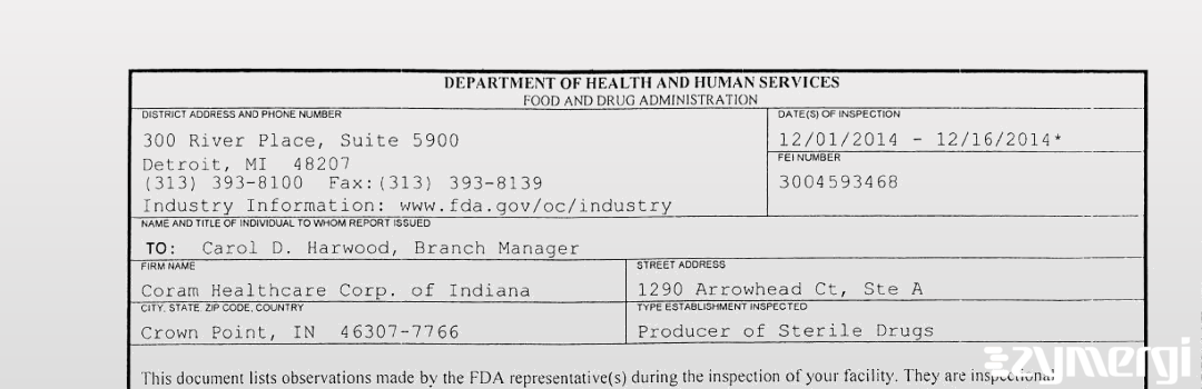 FDANews 483 Coram Healthcare Corp. of Indiana Dec 16 2014 top