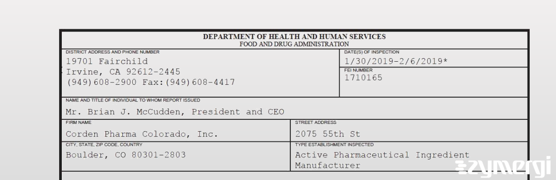 FDANews 483 Corden Pharma Colorado, Inc. Feb 6 2019 top