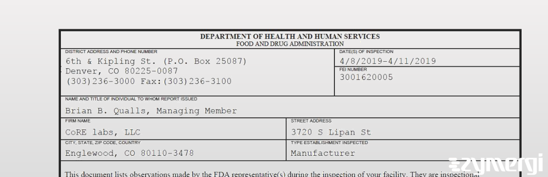 FDANews 483 CoRE labs, LLC Apr 11 2019 top