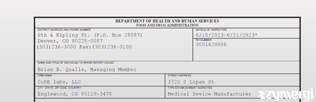 FDANews 483 CoRE labs, LLC Jun 21 2023 top