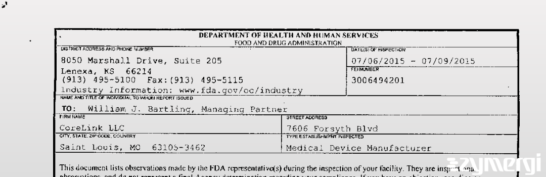 FDANews 483 CoreLink LLC Jul 9 2015 top