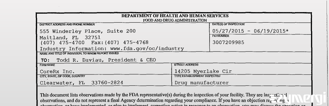 FDANews 483 CoreRX Inc. Jun 19 2015 top