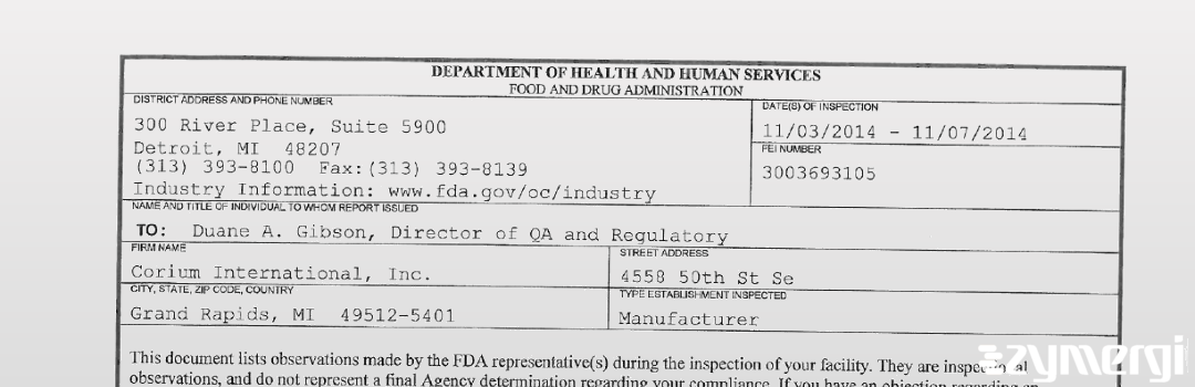 FDANews 483 Corium International, Inc. Nov 7 2014 top