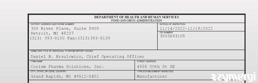 FDANews 483 Corium Pharma Solutions, Inc. Nov 18 2022 top