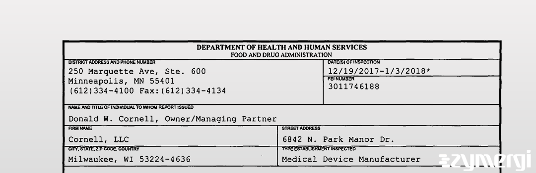 FDANews 483 Cornell LLC Jan 3 2018 top