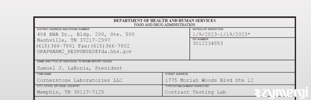 FDANews 483 Cornerstone Laboratories LLC Jan 19 2023 top