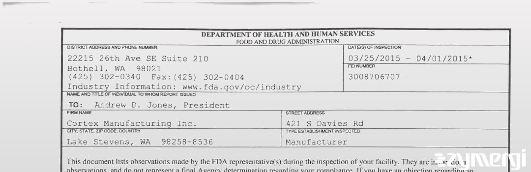 FDANews 483 Cortex Manufacturing Inc. Apr 1 2015 top