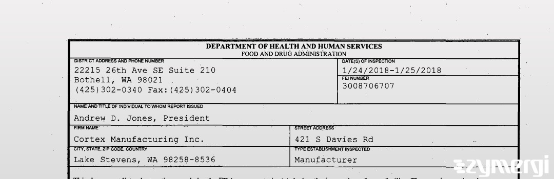 FDANews 483 Cortex Manufacturing Inc. Jan 25 2018 top