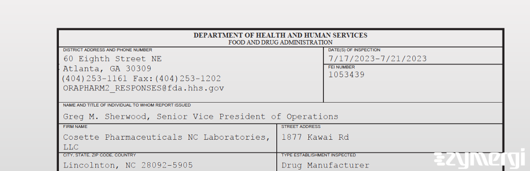 FDANews 483 Cosette Pharmaceuticals NC Laboratories, LLC Jul 21 2023 top