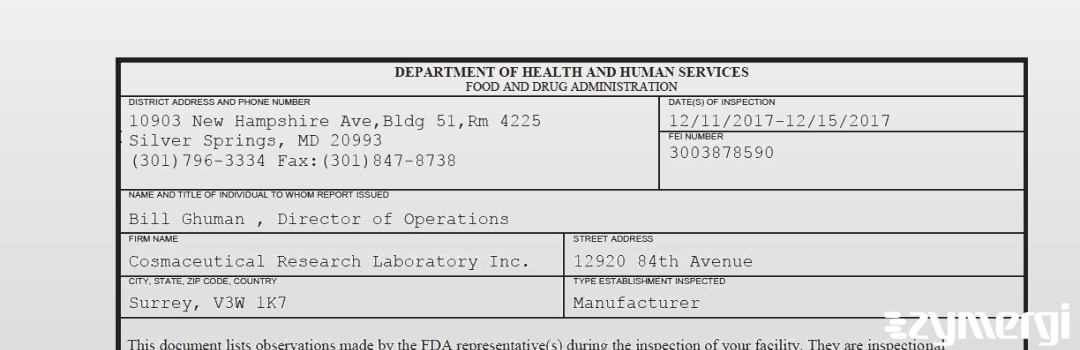 FDANews 483 Cosmaceutical Research Laboratory Inc. Dec 15 2017 top