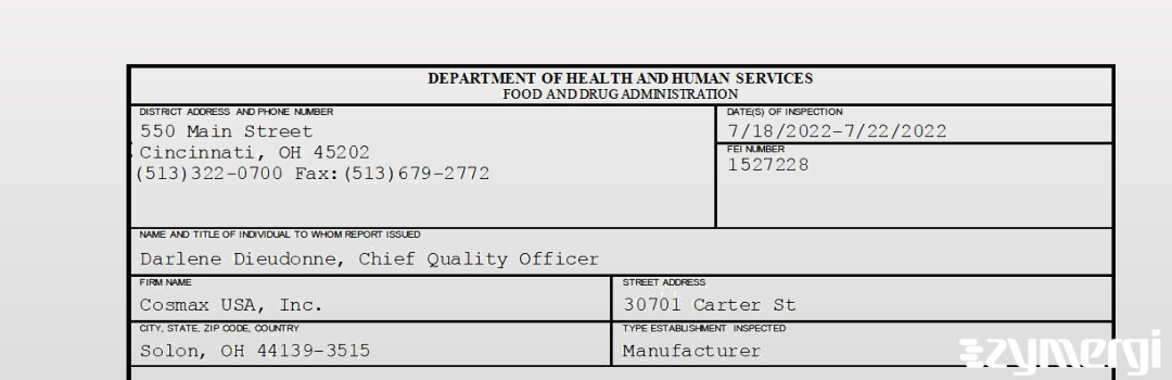 FDANews 483 Cosmax USA, Inc. Jul 22 2022 top