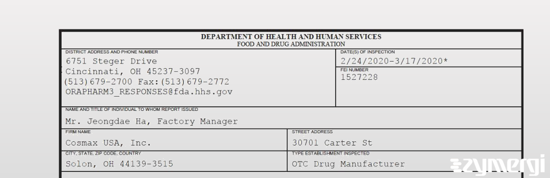 FDANews 483 Cosmax USA, Inc. Mar 17 2020 top