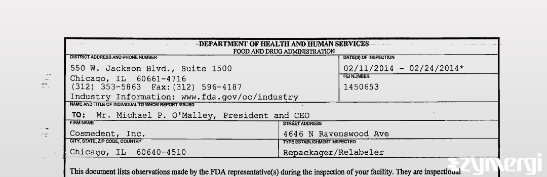 FDANews 483 Cosmedent, Inc. Feb 24 2014 top