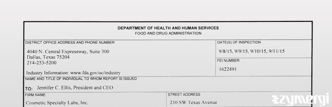 FDANews 483 Cosmetic Specialty Labs, Inc Sep 11 2015 top