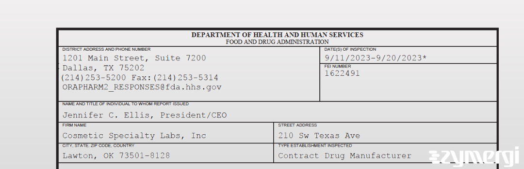 FDANews 483 Cosmetic Specialty Labs, Inc Sep 20 2023 top