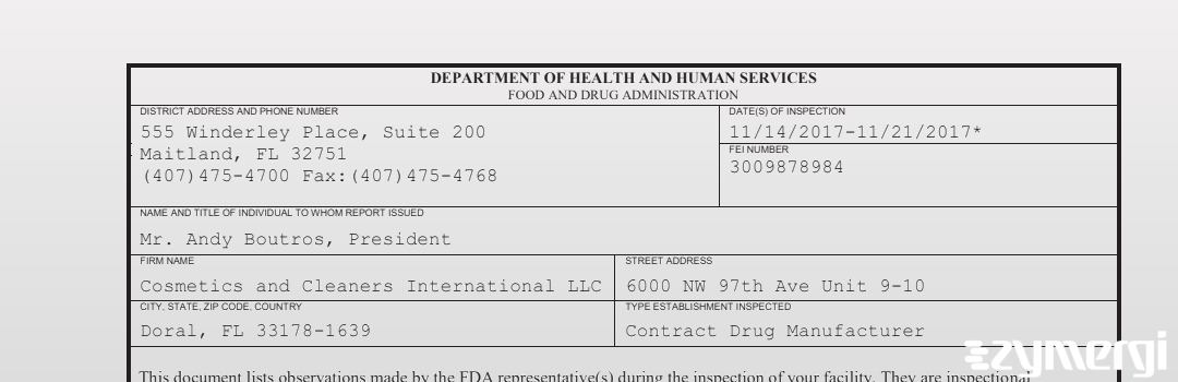 FDANews 483 Cosmetics and Cleaners International LLC Nov 21 2017 top