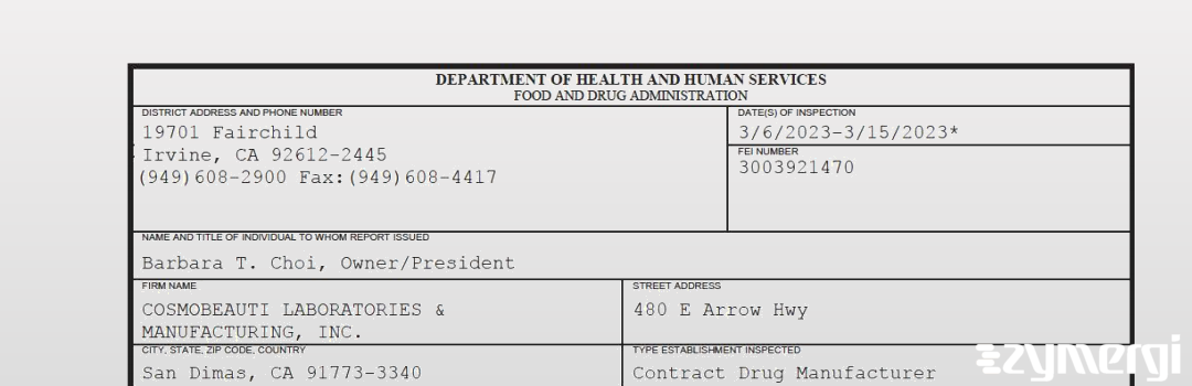 FDANews 483 COSMOBEAUTI LABORATORIES & MANUFACTURING, INC. Mar 15 2023 top