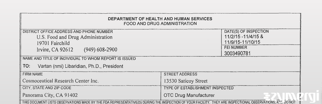 FDANews 483 Cosmoceutical Research Center, Inc. Nov 10 2015 top