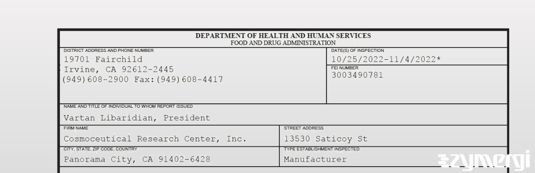 FDANews 483 Cosmoceutical Research Center, Inc. Nov 4 2022 top